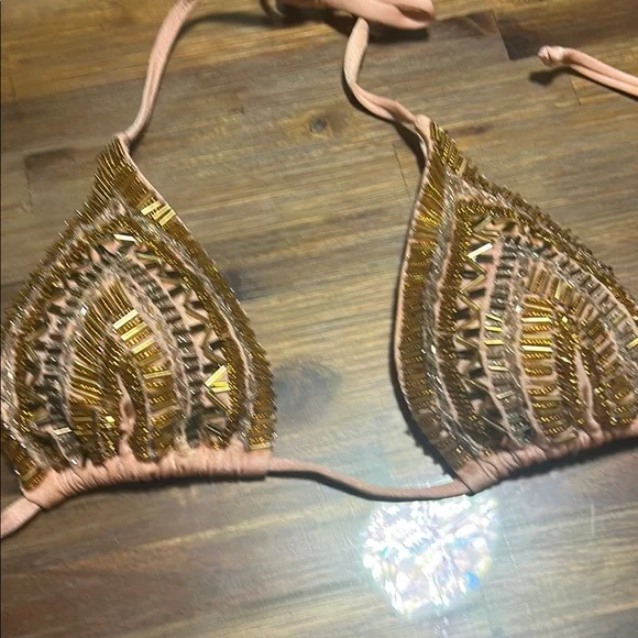Luxurious Pink and Gold Triangle Swim Bra with Beadwork - Picture 3 of 8